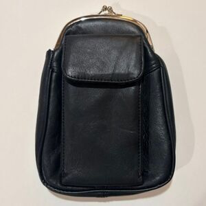 Vintage Style Black Kiss Lock Phone Pouch Wallet Faux Leather Mini Purse